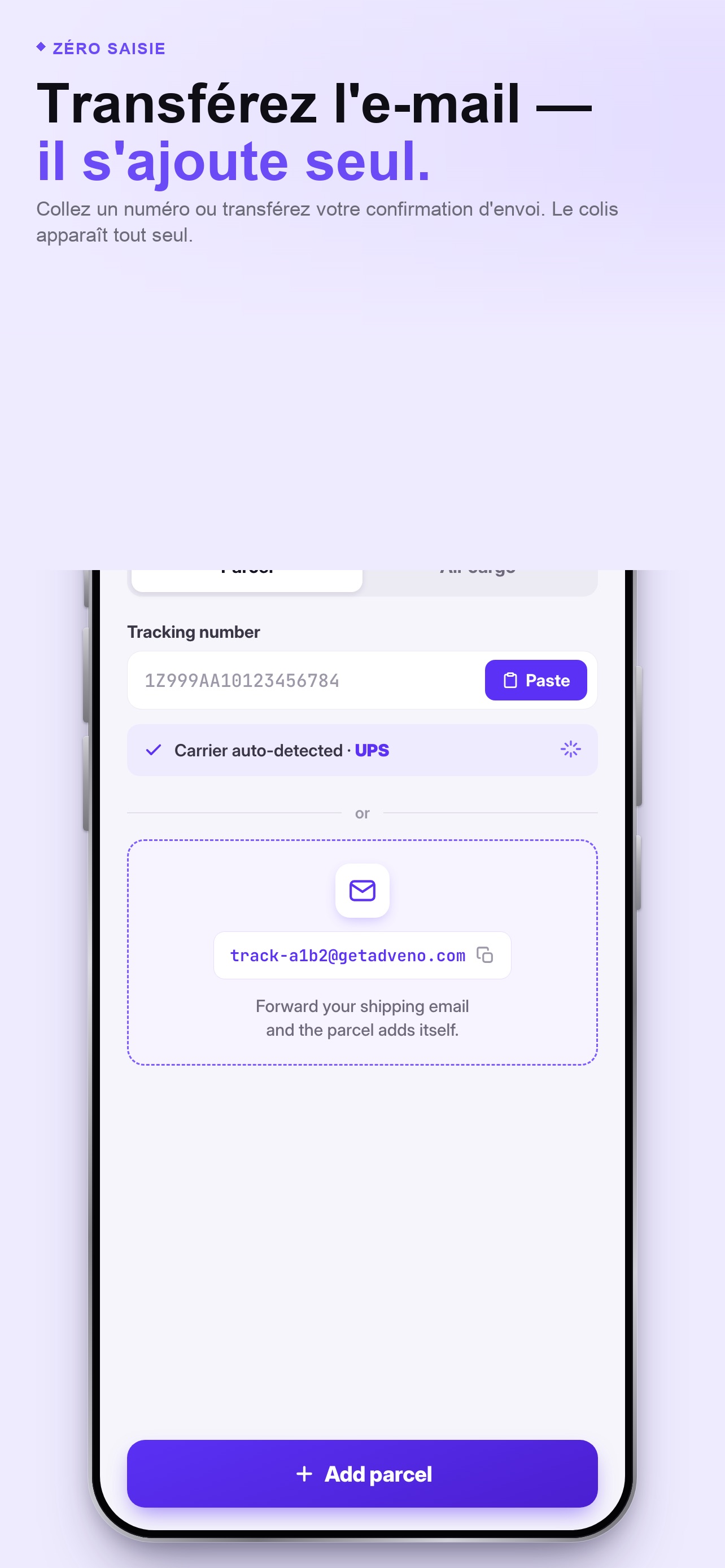 Capture publiée sur l’App Store d’Adveno montrant l’ajout d’un numéro de suivi d’exemple